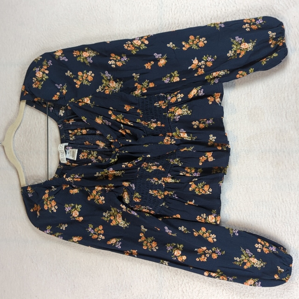 Planet Gold Women's Floral Navy Peasant Cottage Long Sleeve Shirt Size XS